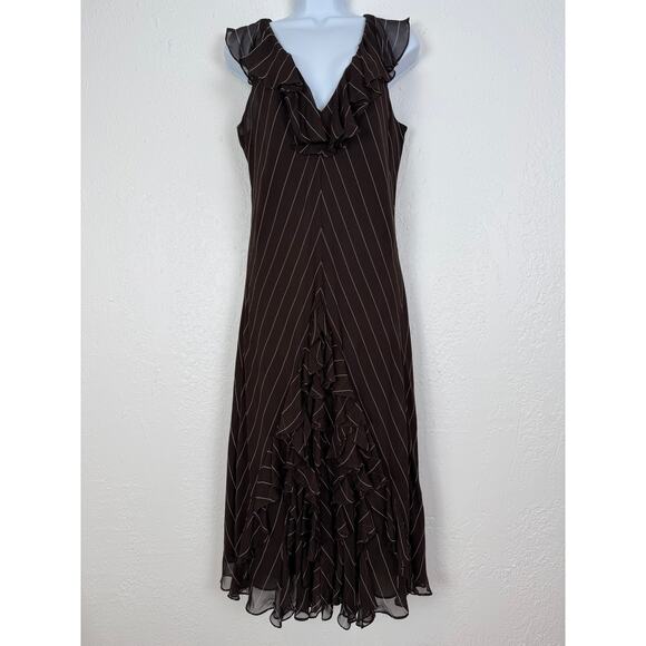 Lauren Ralph Lauren Vintage Y2K Silk Brown Pinstripe Ruffle Midi Dress Size 16 - Picture 1 of 4